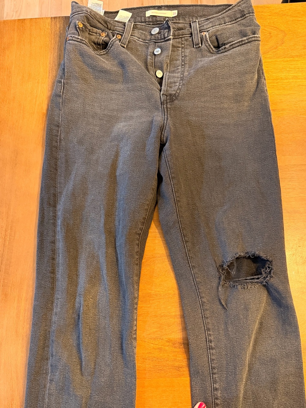Womens Black Distressed Straight-Leg Jeans